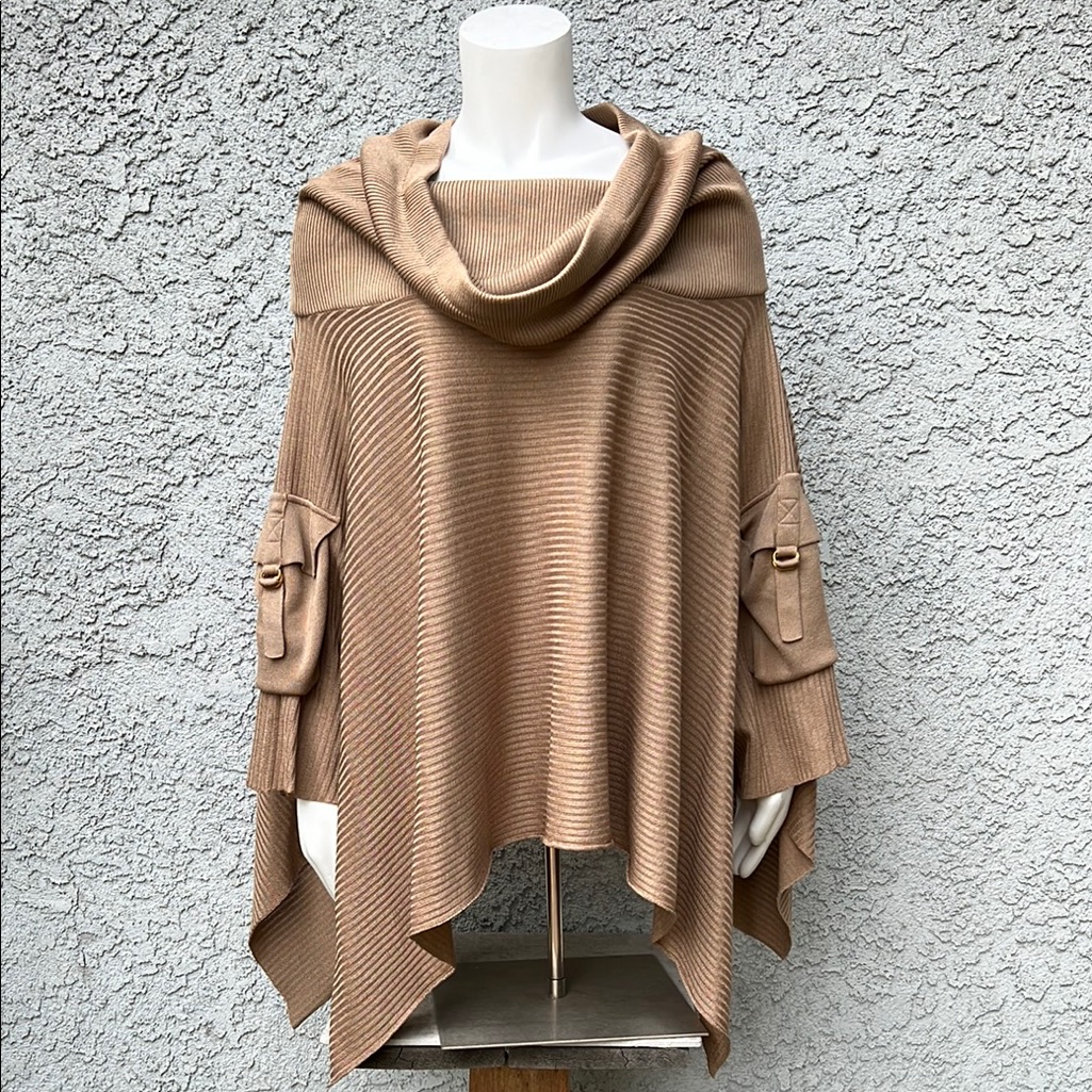 Escada Cowl Neck Brown Tan Ribbed Poncho Shawl With Cargo Pockets Women’s L/Xl